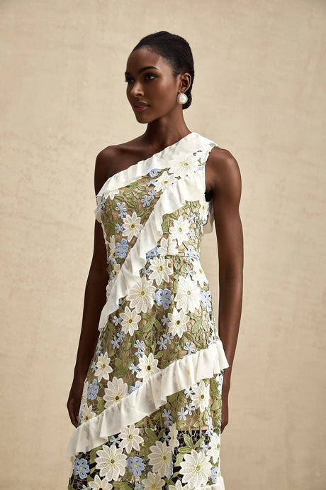 Mallory Midi Dress Green Multicolor Floral Embroidery Ruffle Detailing