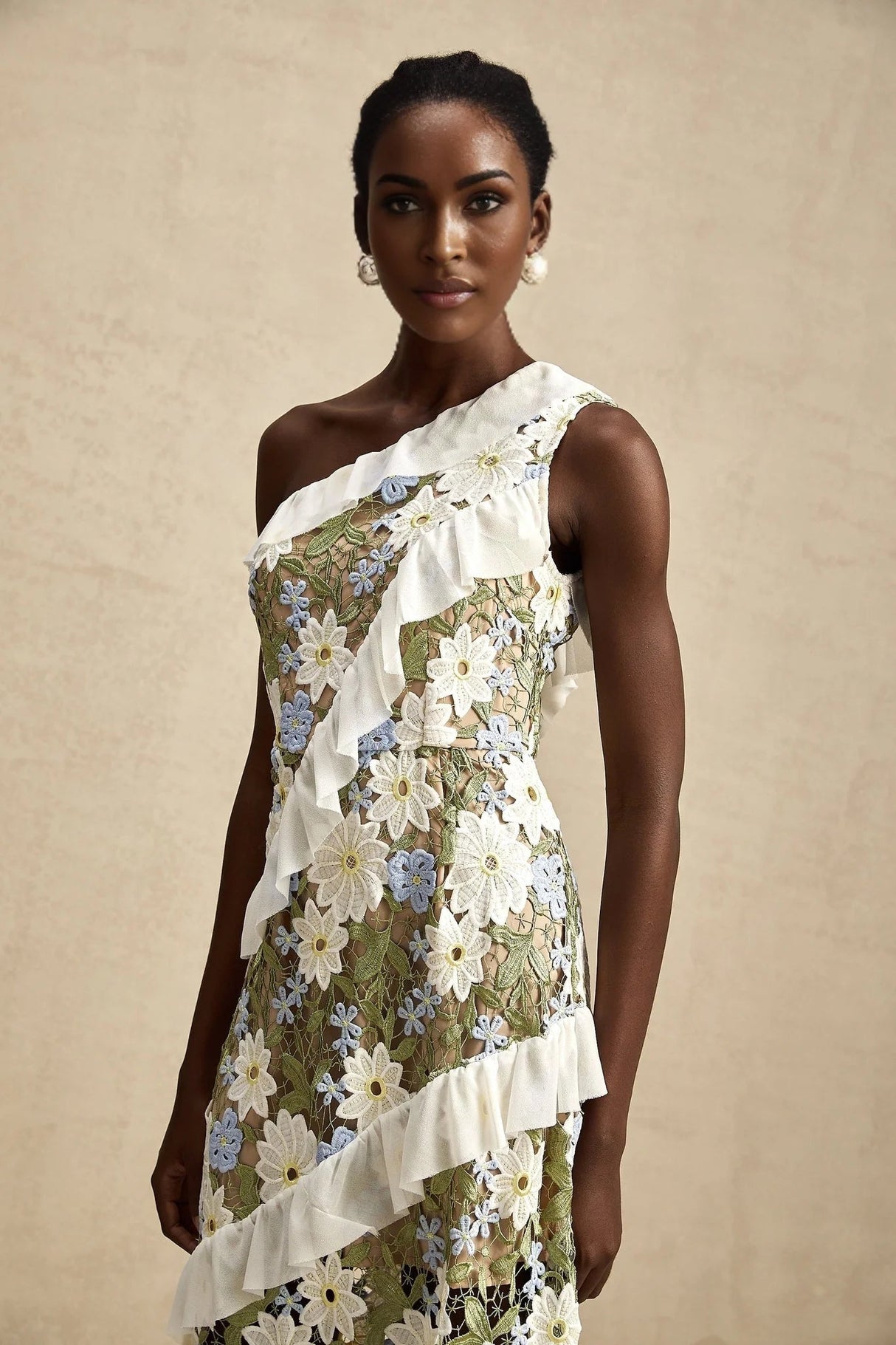 Mallory Midi Dress Green Multicolor Floral Embroidery Ruffle Detailing