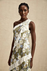 Mallory Midi Dress Green Multicolor Floral Embroidery Ruffle Detailing