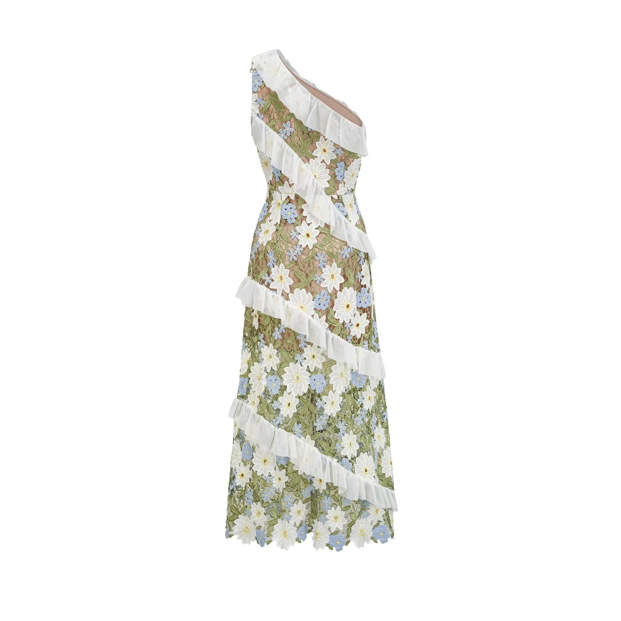 Mallory Midi Dress Green Multicolor Floral Embroidery Ruffle Detailing