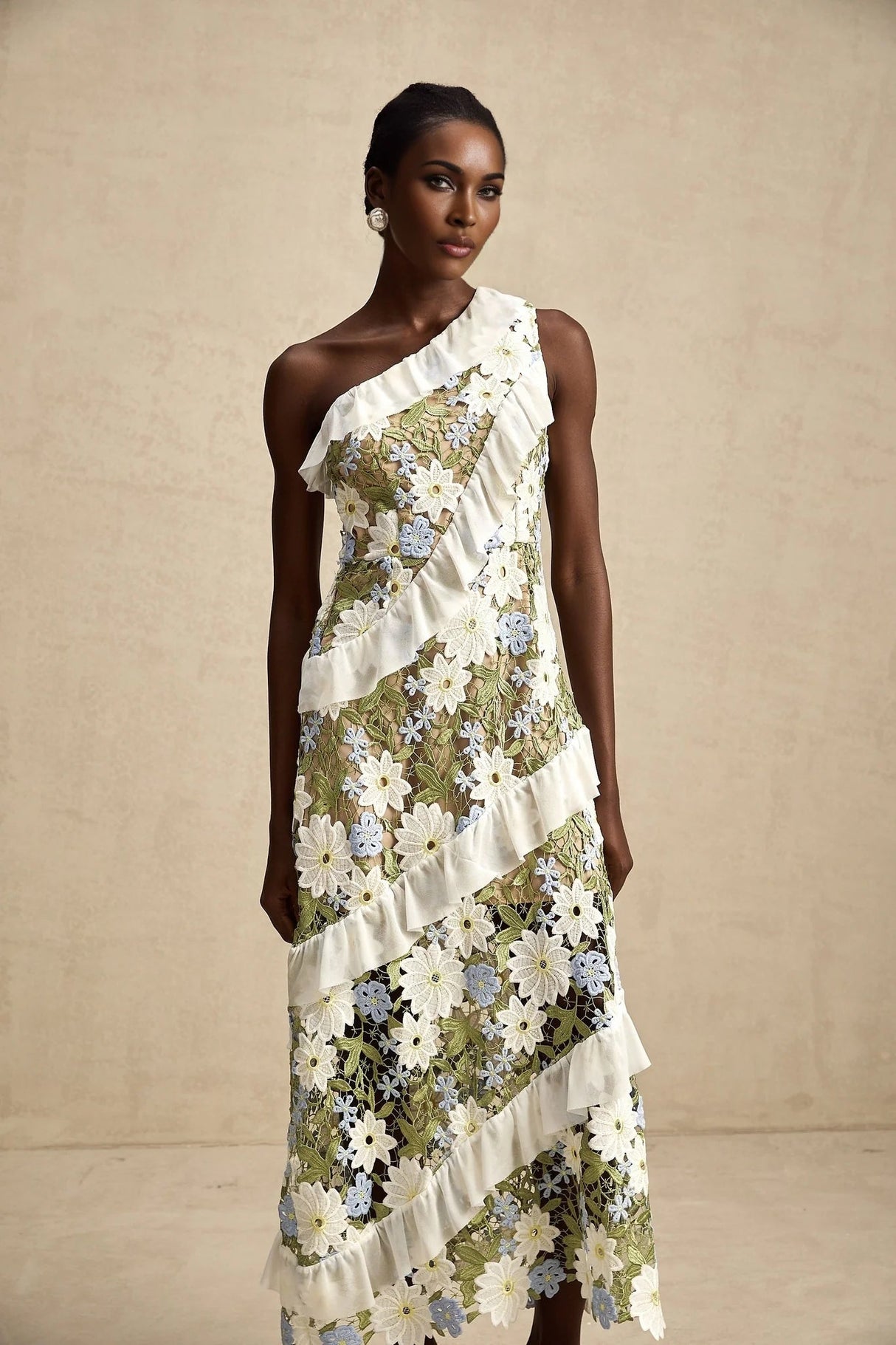 Mallory Midi Dress Green Multicolor Floral Embroidery Ruffle Detailing