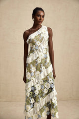 Mallory Midi Dress Green Multicolor Floral Embroidery Ruffle Detailing