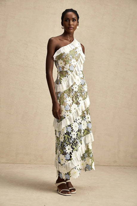 Mallory Midi Dress Green Multicolor Floral Embroidery Ruffle Detailing