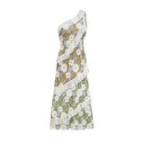 Mallory Midi Dress Green Multicolor Floral Embroidery Ruffle Detailing