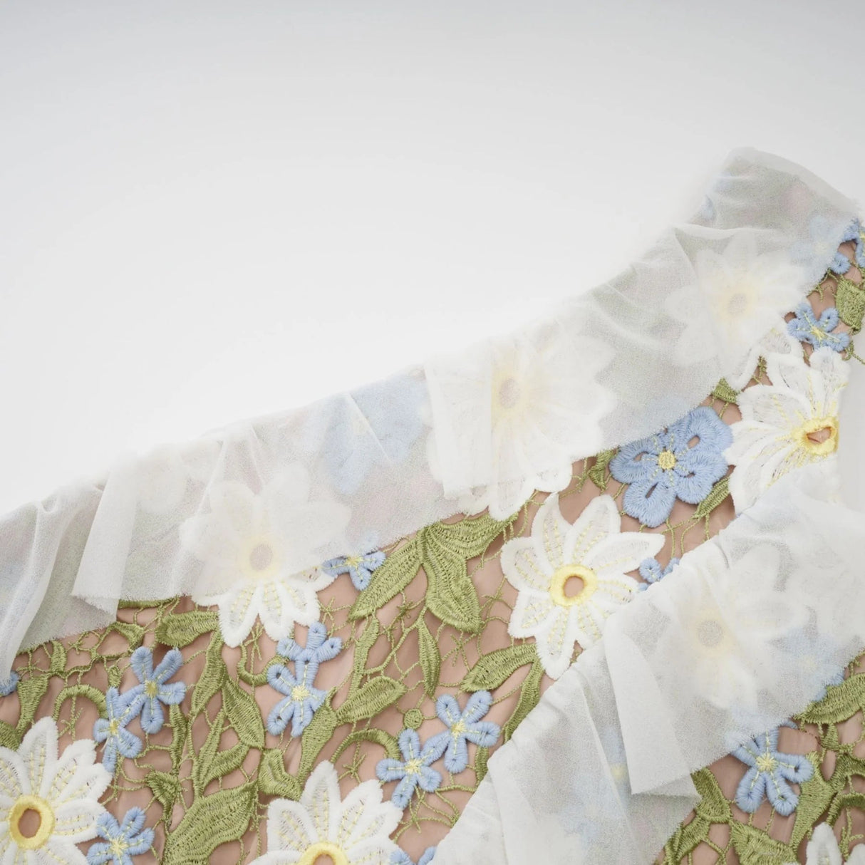 Mallory Midi Dress Green Multicolor Floral Embroidery Ruffle Detailing