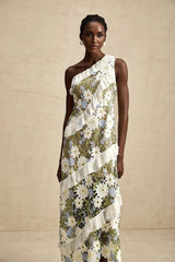 Mallory Midi Dress Green Multicolor Floral Embroidery Ruffle Detailing