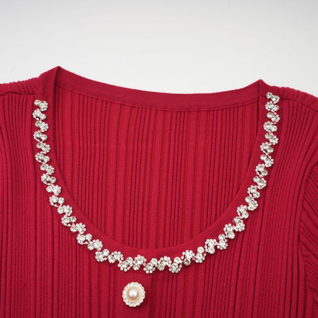 Mallory Midi Dress Red Crystal Embellished Scoop Neck