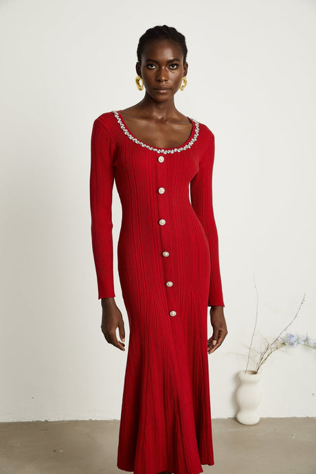 Mallory Midi Dress Red Crystal Embellished Scoop Neck