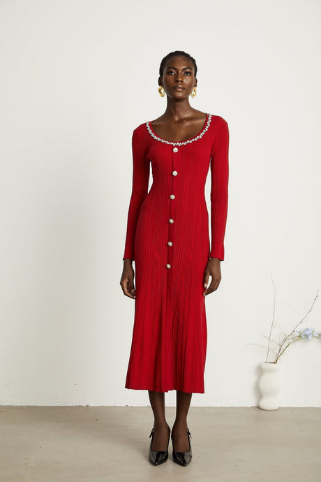 Mallory Midi Dress Red Crystal Embellished Scoop Neck