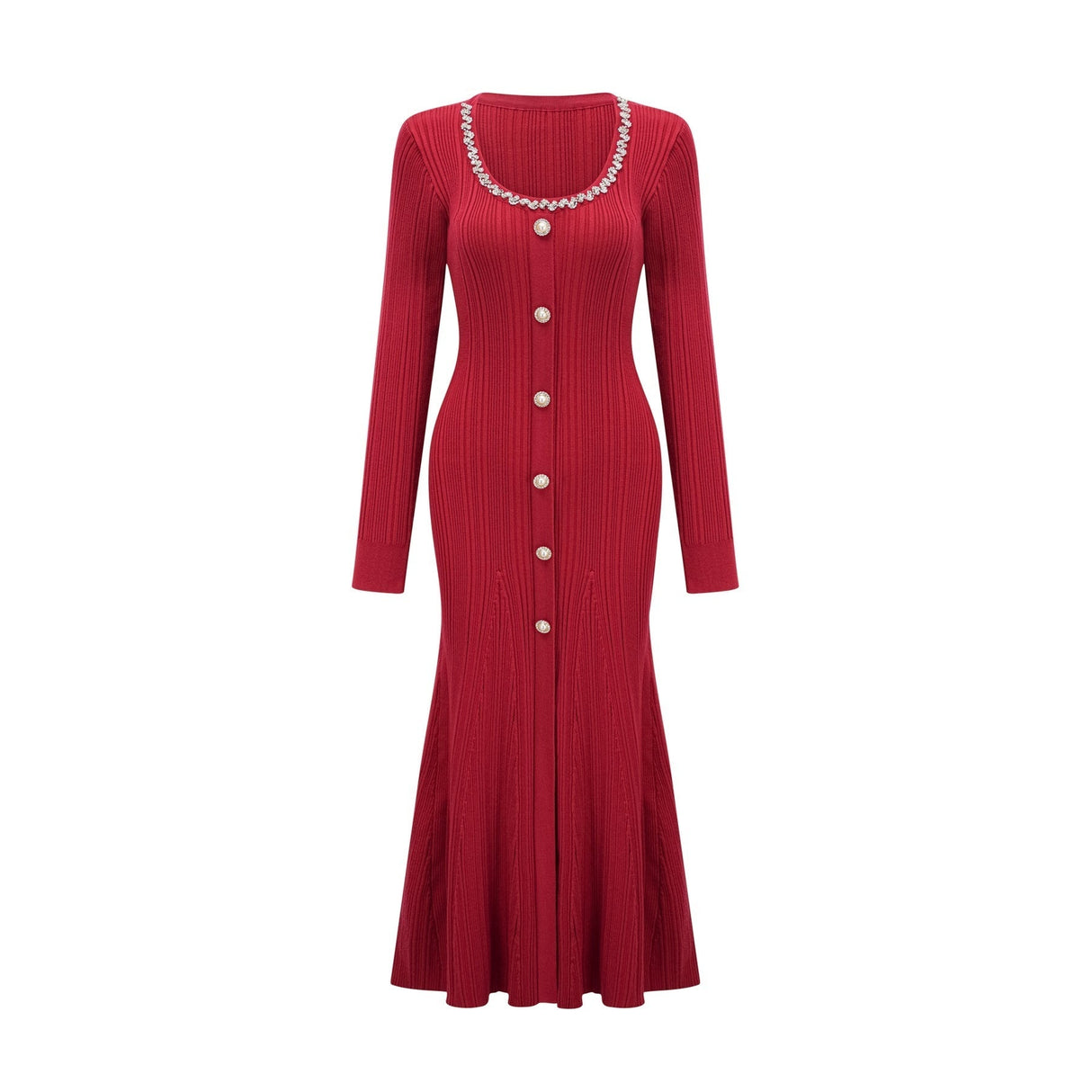 Mallory Midi Dress Red Crystal Embellished Scoop Neck