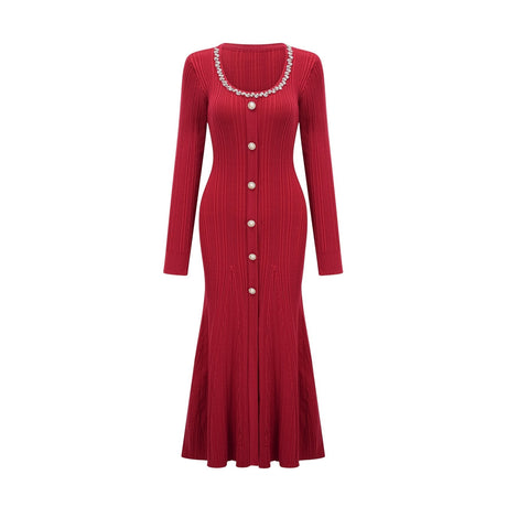 Mallory Midi Dress Red Crystal Embellished Scoop Neck
