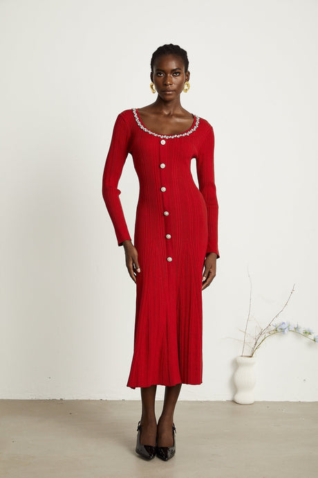 Mallory Midi Dress Red Crystal Embellished Scoop Neck