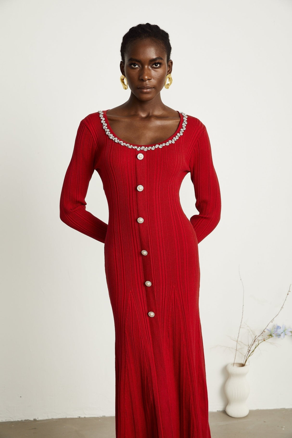 Mallory Midi Dress Red Crystal Embellished Scoop Neck