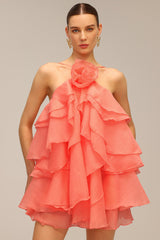 Mallory Pink Ruffled Mini Dress with Flower Detail