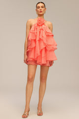 Mallory Pink Ruffled Mini Dress with Flower Detail