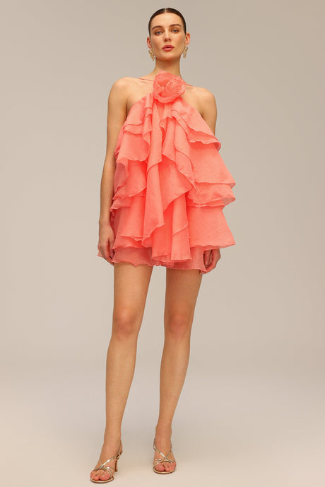 Mallory Pink Ruffled Mini Dress with Flower Detail