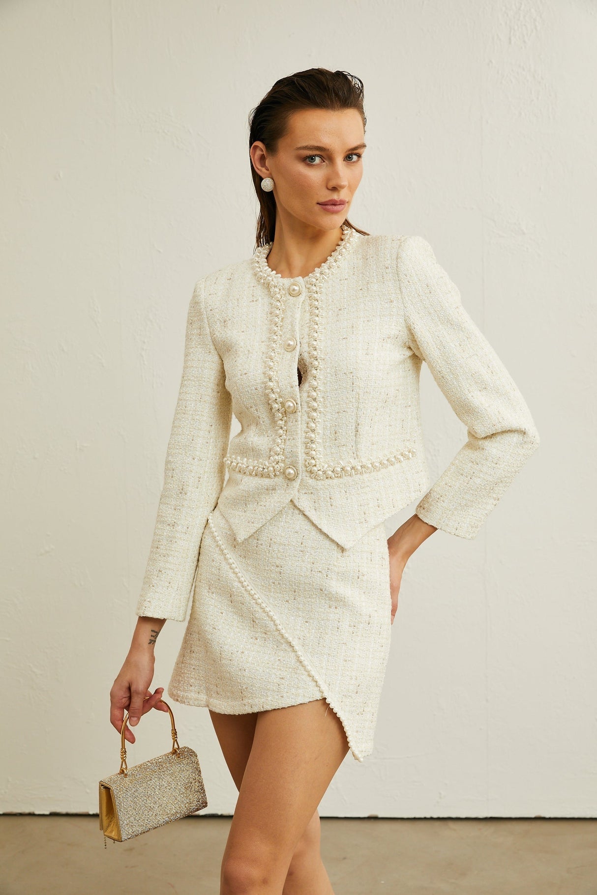 Manon fauxpearl asymmetric jacket  skirt matching set