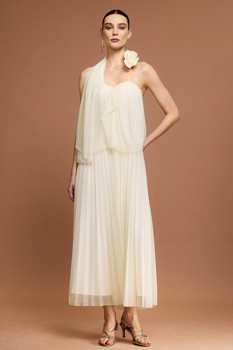 Margaret Ivory Strapless Pleated Dress Lightweight Materials Formal Occasions Summer Weddings Delicate Jewelry Sophistication Fitted Bodice Inner Beauty Grace