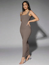 Margaret Maxi Dress - Slim Fit - Casual Style - High Stretch Fabric Elasticity - Sleeveless - Square Neck Neckline - Backless, Rib - Knit