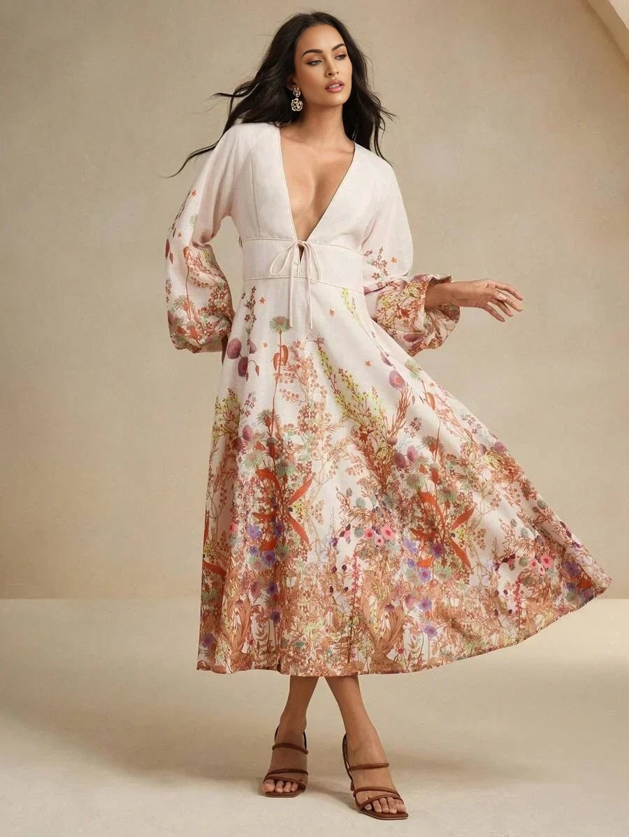 Margaret Midi Dress - Deep V Neck - Bishop Sleeve - High Waist - Floral Print - Boho Style