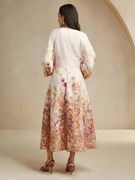 Margaret Midi Dress - Deep V Neck - Bishop Sleeve - High Waist - Floral Print - Boho Style