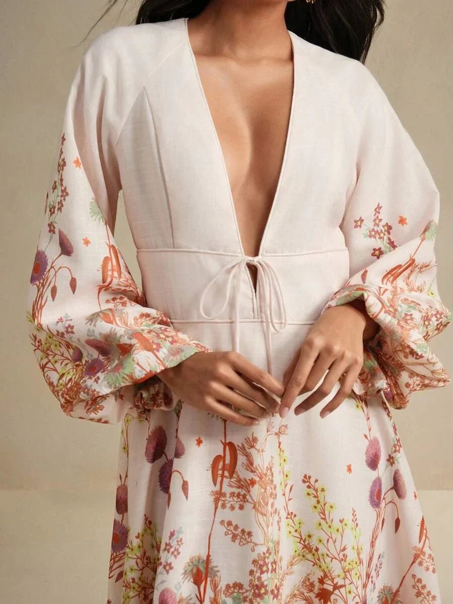 Margaret Midi Dress - Deep V Neck - Bishop Sleeve - High Waist - Floral Print - Boho Style