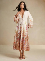 Margaret Midi Dress - Deep V Neck - Bishop Sleeve - High Waist - Floral Print - Boho Style