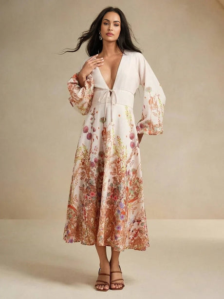 Margaret Midi Dress - Deep V Neck - Bishop Sleeve - High Waist - Floral Print - Boho Style
