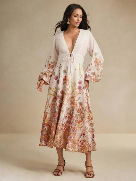 Margaret Midi Dress - Deep V Neck - Bishop Sleeve - High Waist - Floral Print - Boho Style