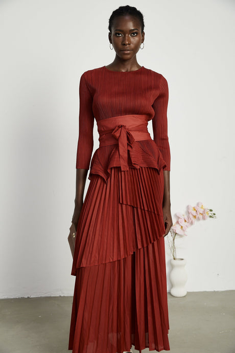 Margaux bowtie embellished pleated top  skirt matching set