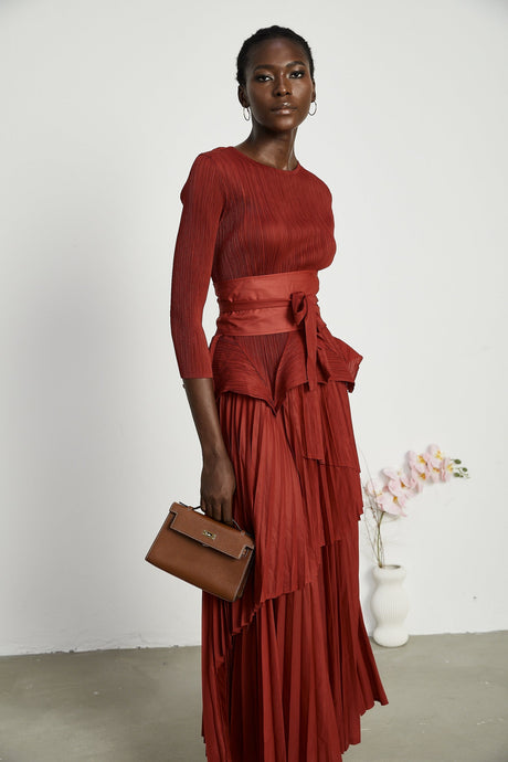 Margaux bowtie embellished pleated top  skirt matching set