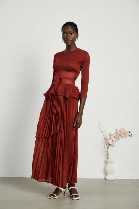 Margaux bowtie embellished pleated top  skirt matching set