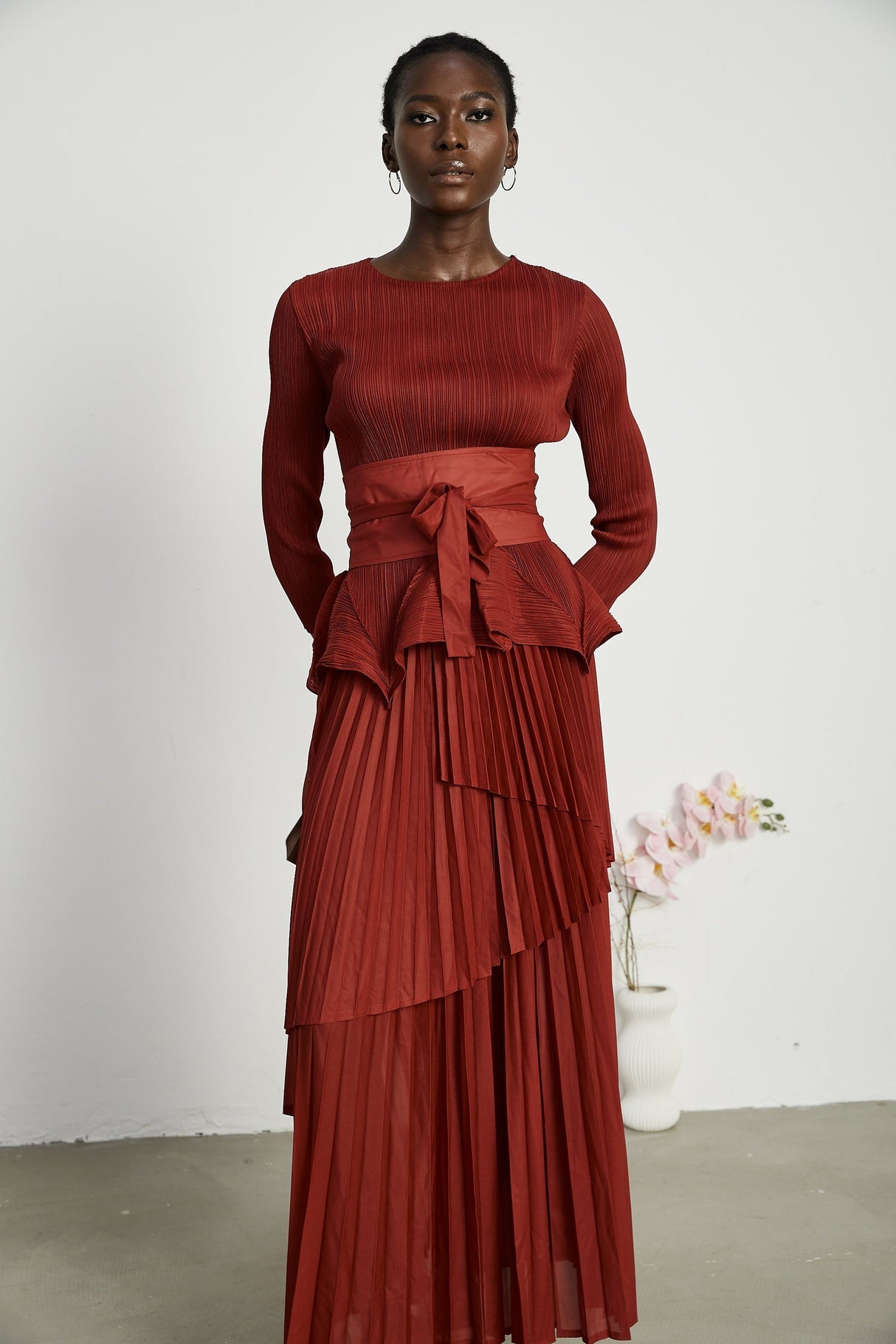 Margaux bowtie embellished pleated top  skirt matching set