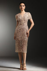 Margherita Beige Embellished V-Neck Dress