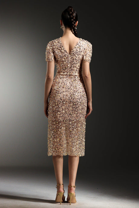 Margherita Beige Embellished V-Neck Dress Short Sleeves Fitted Waist Elegant Skirt Sophisticated Special Occasion