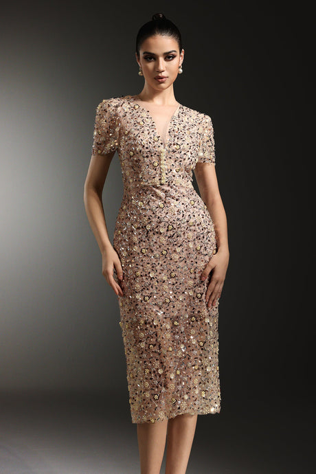 Margherita Beige Embellished V-Neckline Dress Short Sleeves Elegant Silhouette Special Occasion Fitted Waist Fashion-Forward Chic Accessories Radiant Confidence