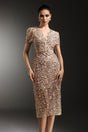 Margherita Beige Embellished V-Neckline Dress Short Sleeves Elegant Silhouette Special Occasion Fitted Waist Fashion-Forward Chic Accessories Radiant Confidence