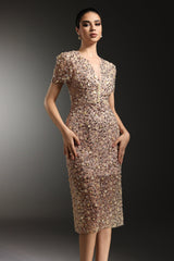 Margherita Beige Embellished V-Neck Dress Short Sleeves Elegant Skirt Special Occasion