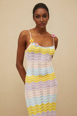 Margherita Midi Dress - Crochet Knit - Floral Appliqué - Scallop Hem - Wave Pattern - Slip - On Style