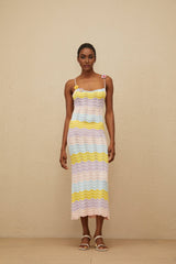 Margherita Midi Dress - Crochet Knit - Floral Appliqué - Scallop Hem - Wave Pattern - Slip - On Style