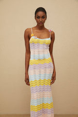 Margherita Midi Dress - Crochet Knit - Floral Appliqué - Scallop Hem - Wave Pattern - Slip - On Style
