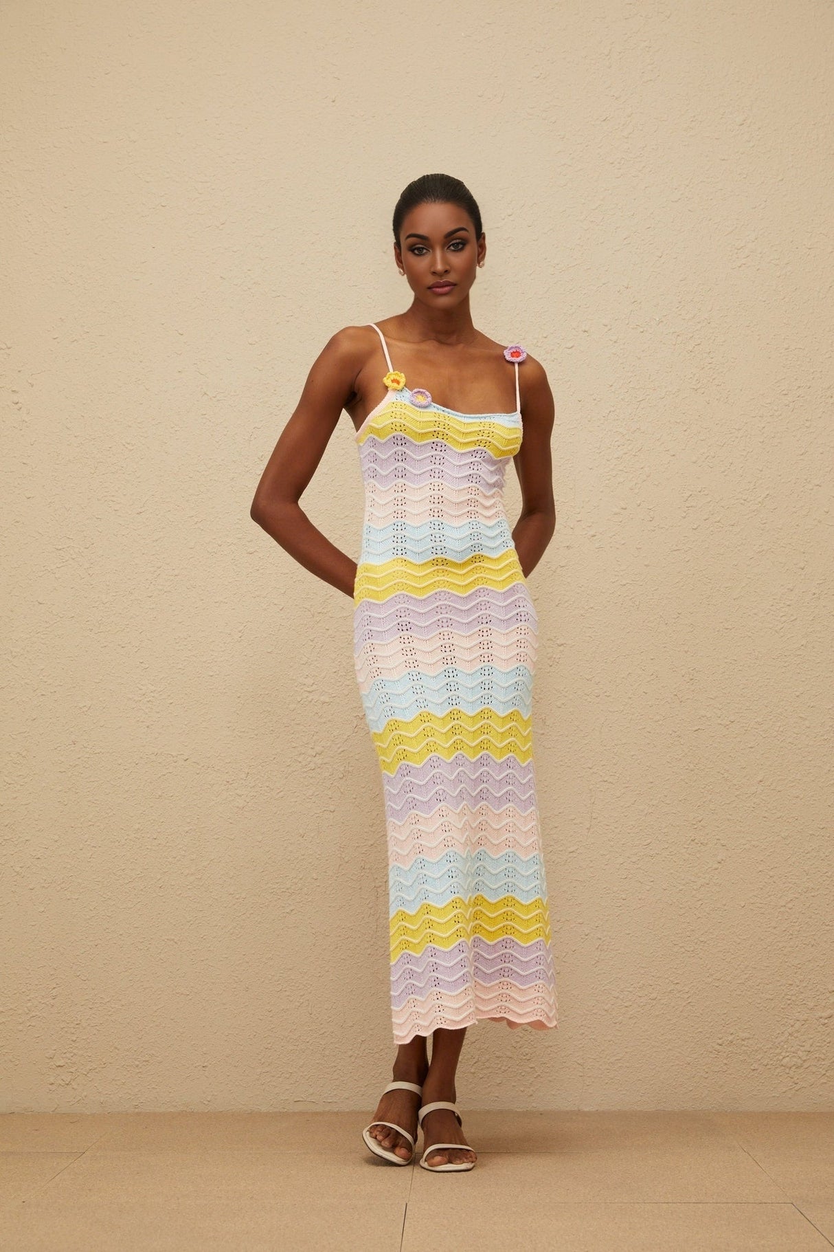 Margherita Midi Dress - Crochet Knit - Floral Appliqué - Scallop Hem - Wave Pattern - Slip - On Style