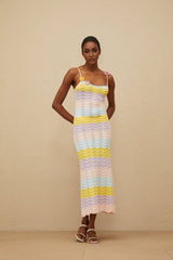 Margherita Midi Dress - Crochet Knit - Floral Appliqué - Scallop Hem - Wave Pattern - Slip - On Style