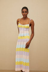 Margherita Midi Dress - Crochet Knit - Floral Appliqué - Scallop Hem - Wave Pattern - Slip - On Style