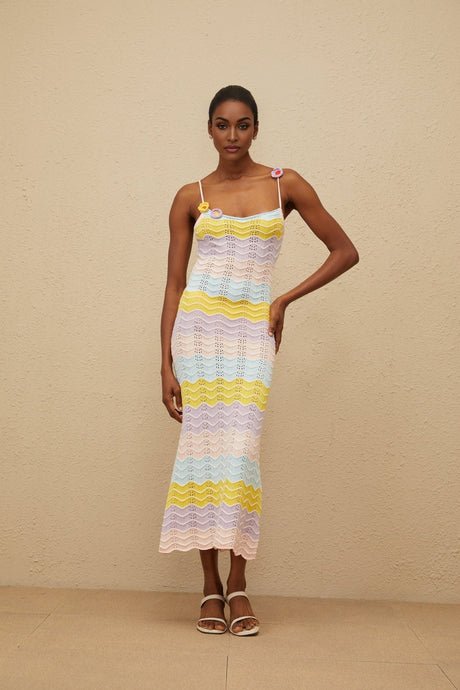 Margherita Midi Dress - Crochet Knit - Floral Appliqué - Scallop Hem - Wave Pattern - Slip - On Style
