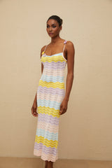 Margherita Midi Dress - Crochet Knit - Floral Appliqué - Scallop Hem - Wave Pattern - Slip - On Style