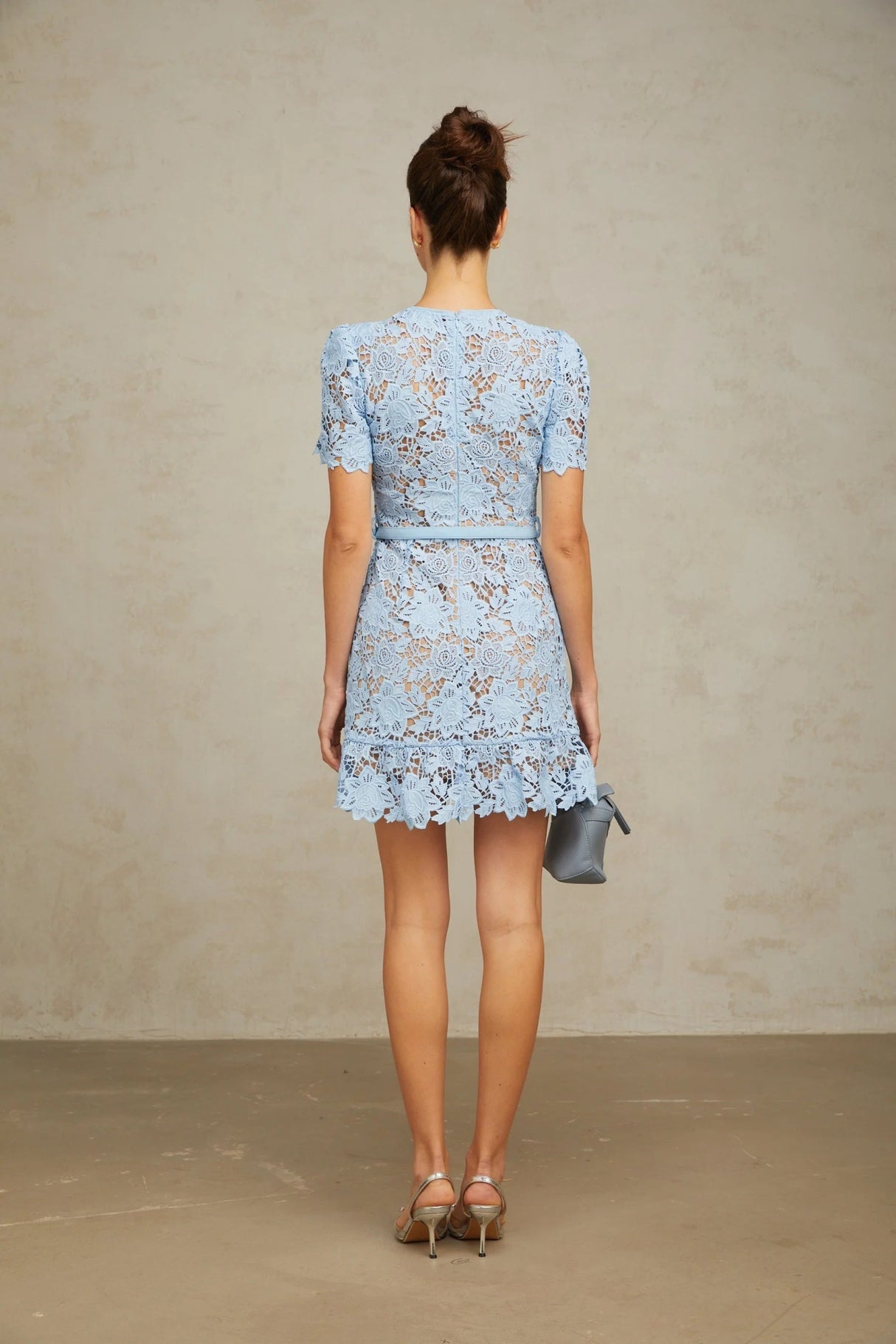 Margherita Mini Dress Blue Floral Appliqu Ruffled & Belted