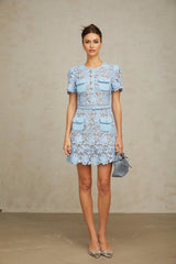 Margherita Mini Dress Blue Floral Appliqu Ruffled & Belted
