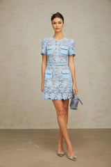 Margherita Mini Dress Blue Floral Appliqu Ruffled & Belted