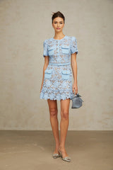 Margherita Mini Dress Blue Floral Appliqu Ruffled & Belted